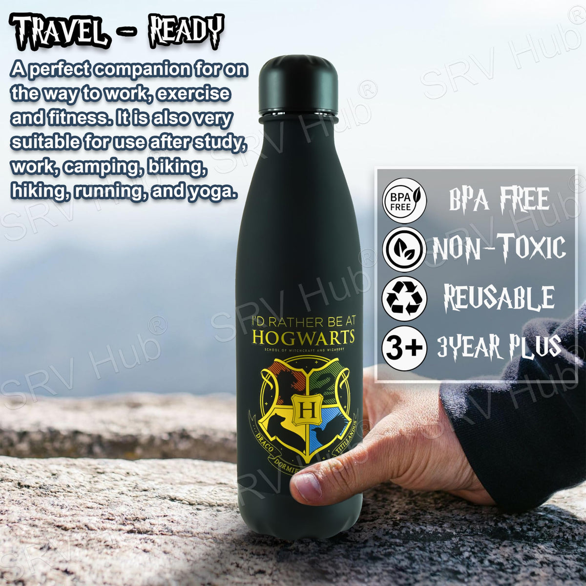Harry Potter Black Kids Licensed 650ml Soft Touch Leak-Proof Water Bottle – view 3