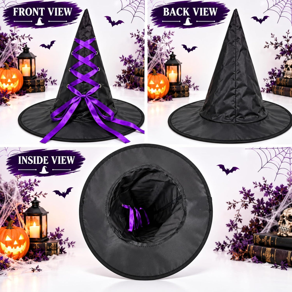 Black Halloween Witch Hat with Colourful Ribbon 40cm Tall