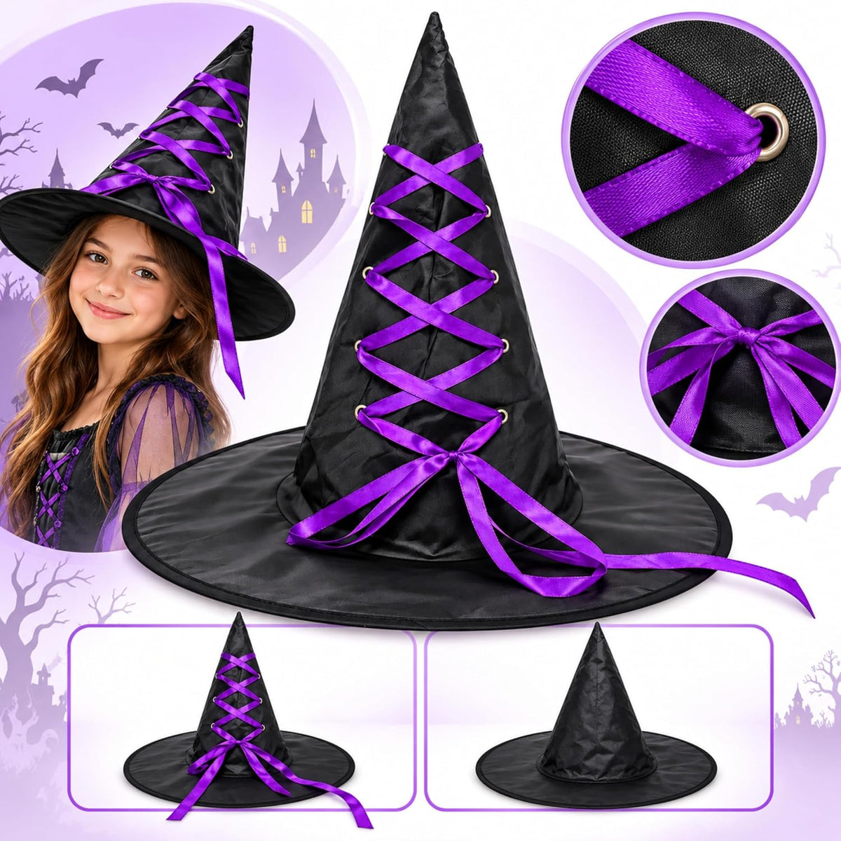 Black Halloween Witch Hat with Colourful Ribbon 40cm Tall