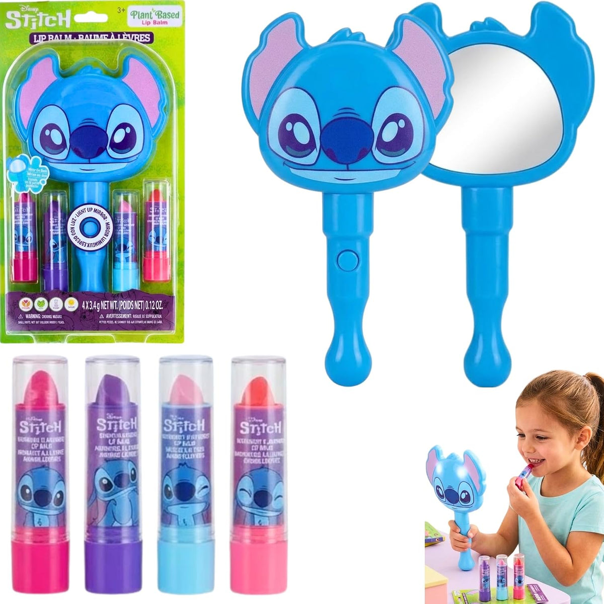 Disney Stitch 4Pcs Lip Balm Set with Light-Up Mirror