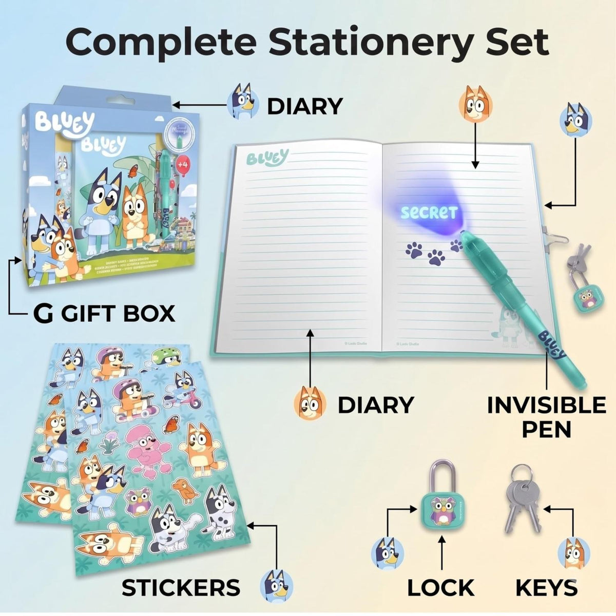 Bluey Kids Licensed Secret Diary & Magic Ink Pen Stationery Set – view 7