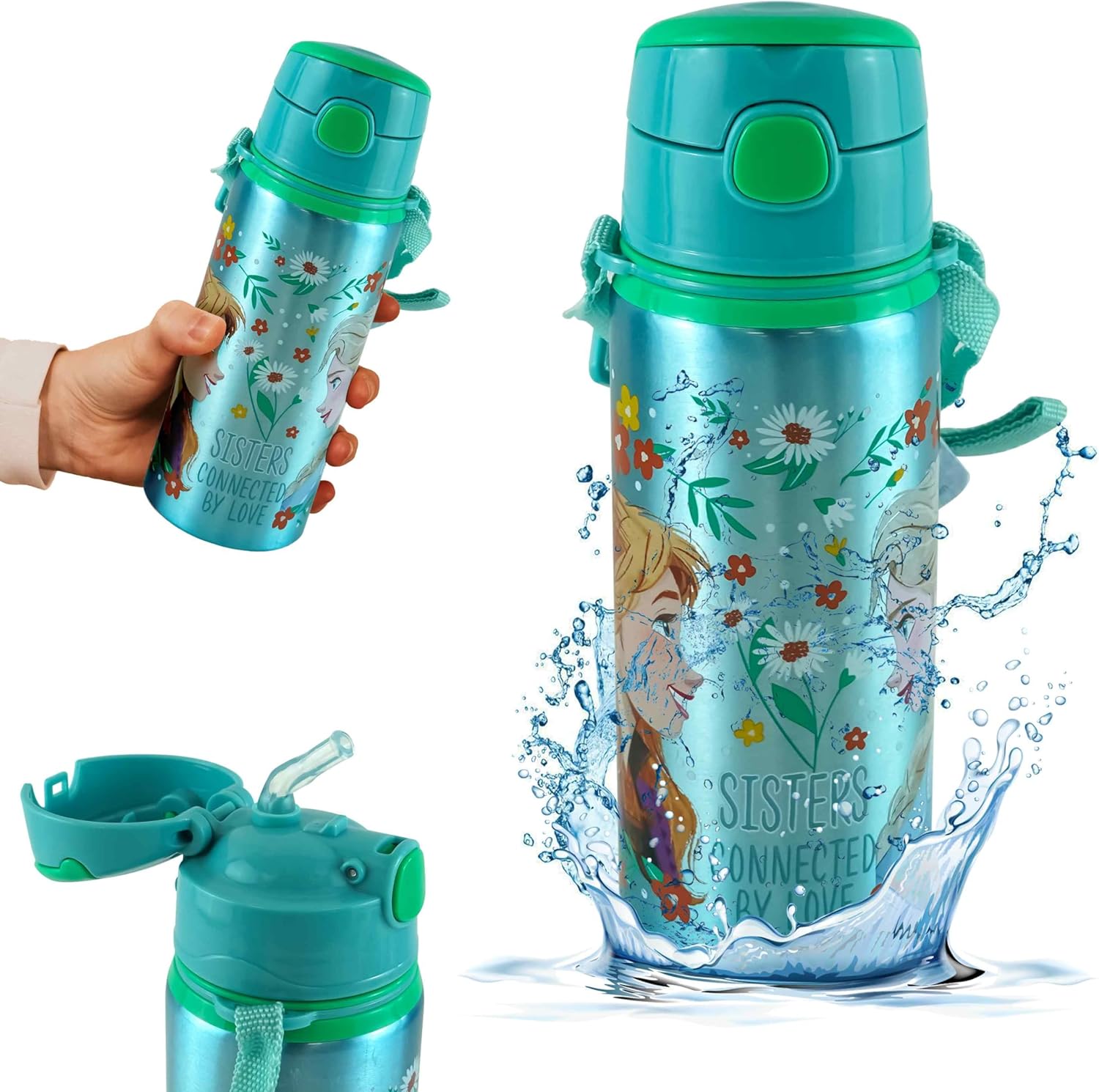 Aluminium Water Bottle with Straw & Strap 600ml - Assorted