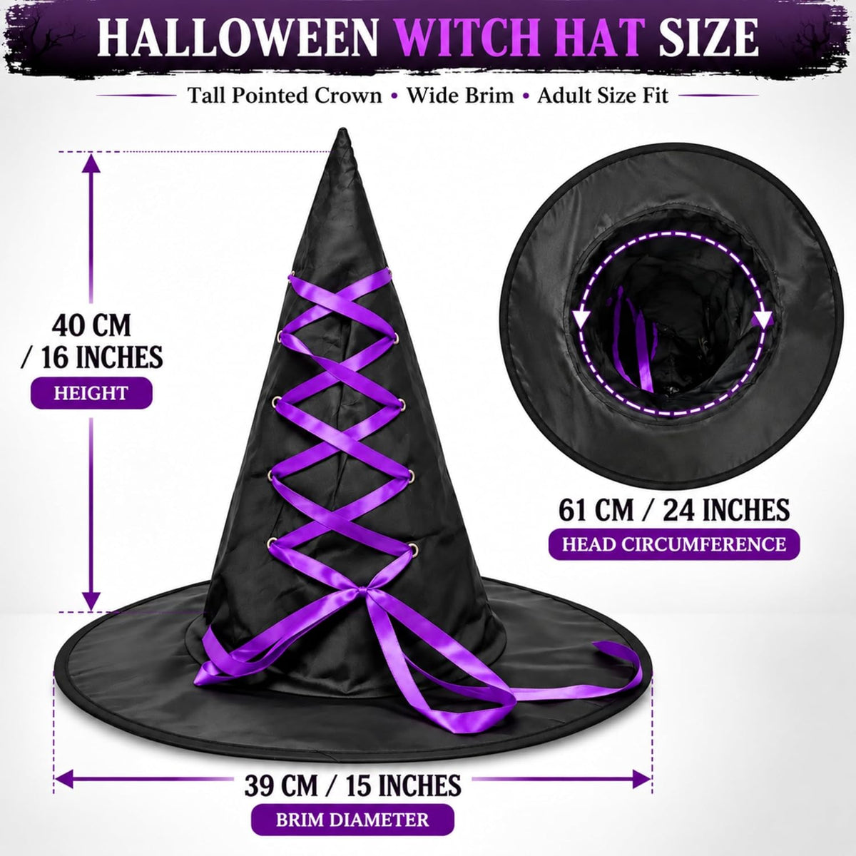 Black Halloween Witch Hat with Colourful Ribbon 40cm Tall