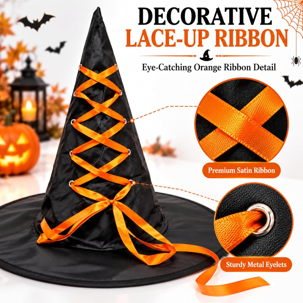 Black Halloween Witch Hat with Colourful Ribbon 40cm Tall