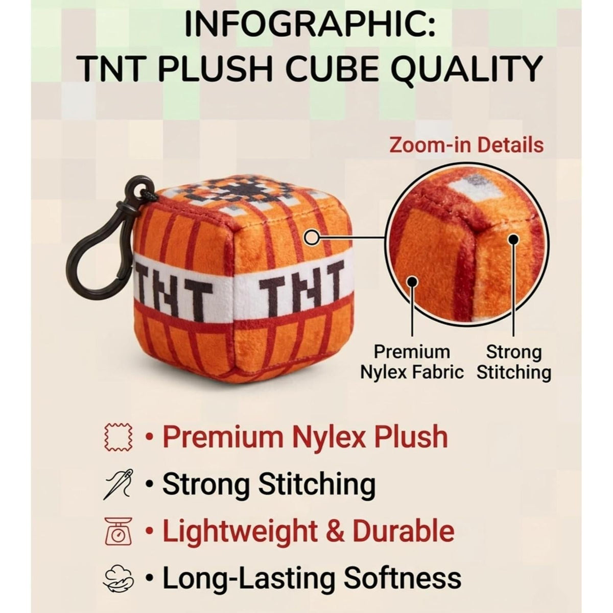 Minecraft TNT Kids Licensed Minecraft Plush Cube Clip-On Keychain – view 4