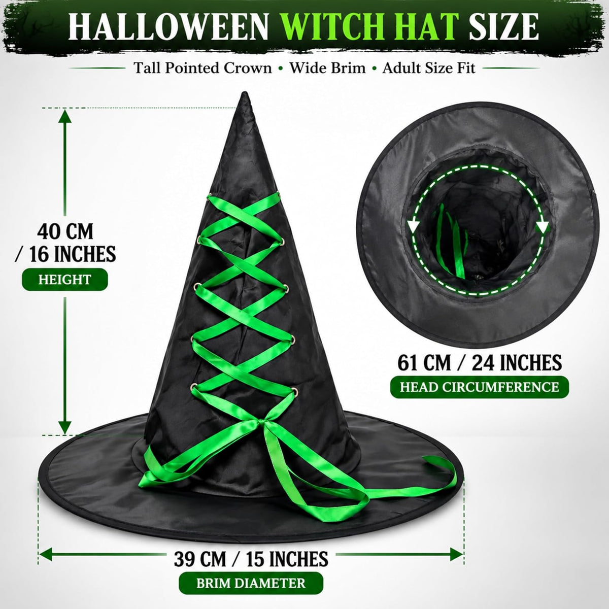 Black Halloween Witch Hat with Colourful Ribbon 40cm Tall