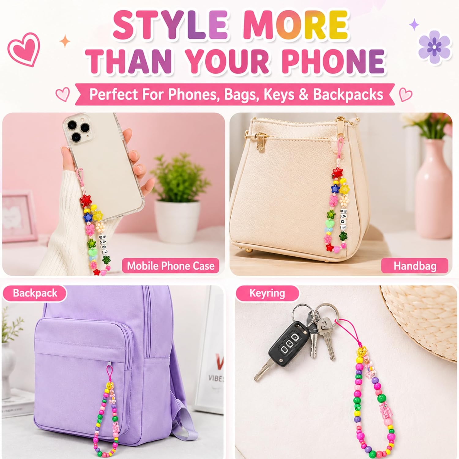 19cm Beaded Phone Charm Strap - Random