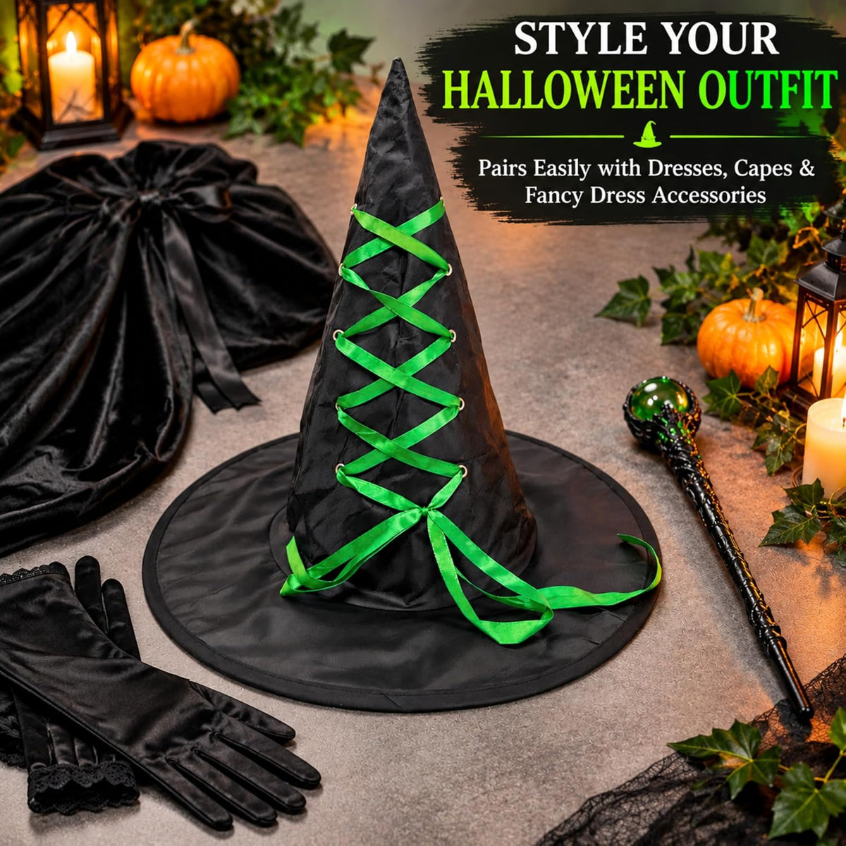 Black Halloween Witch Hat with Colourful Ribbon 40cm Tall
