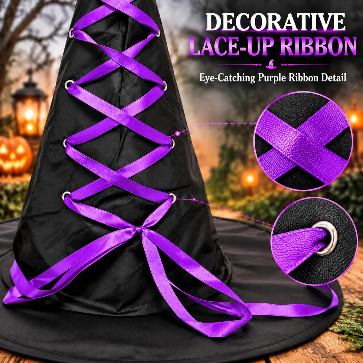 Black Halloween Witch Hat with Colourful Ribbon 40cm Tall