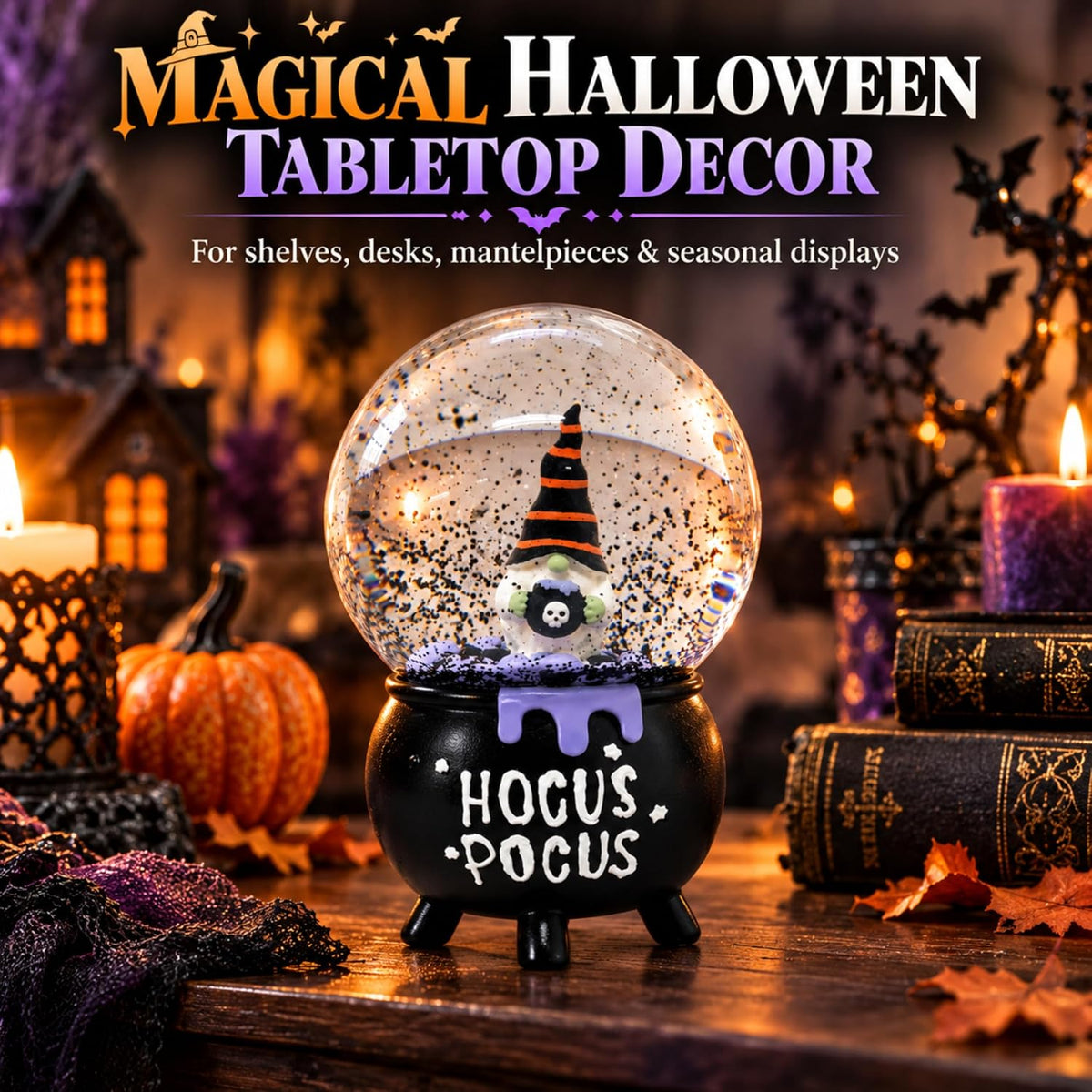 Halloween Gonk Snow Globe Decoration with Hocus 15cm