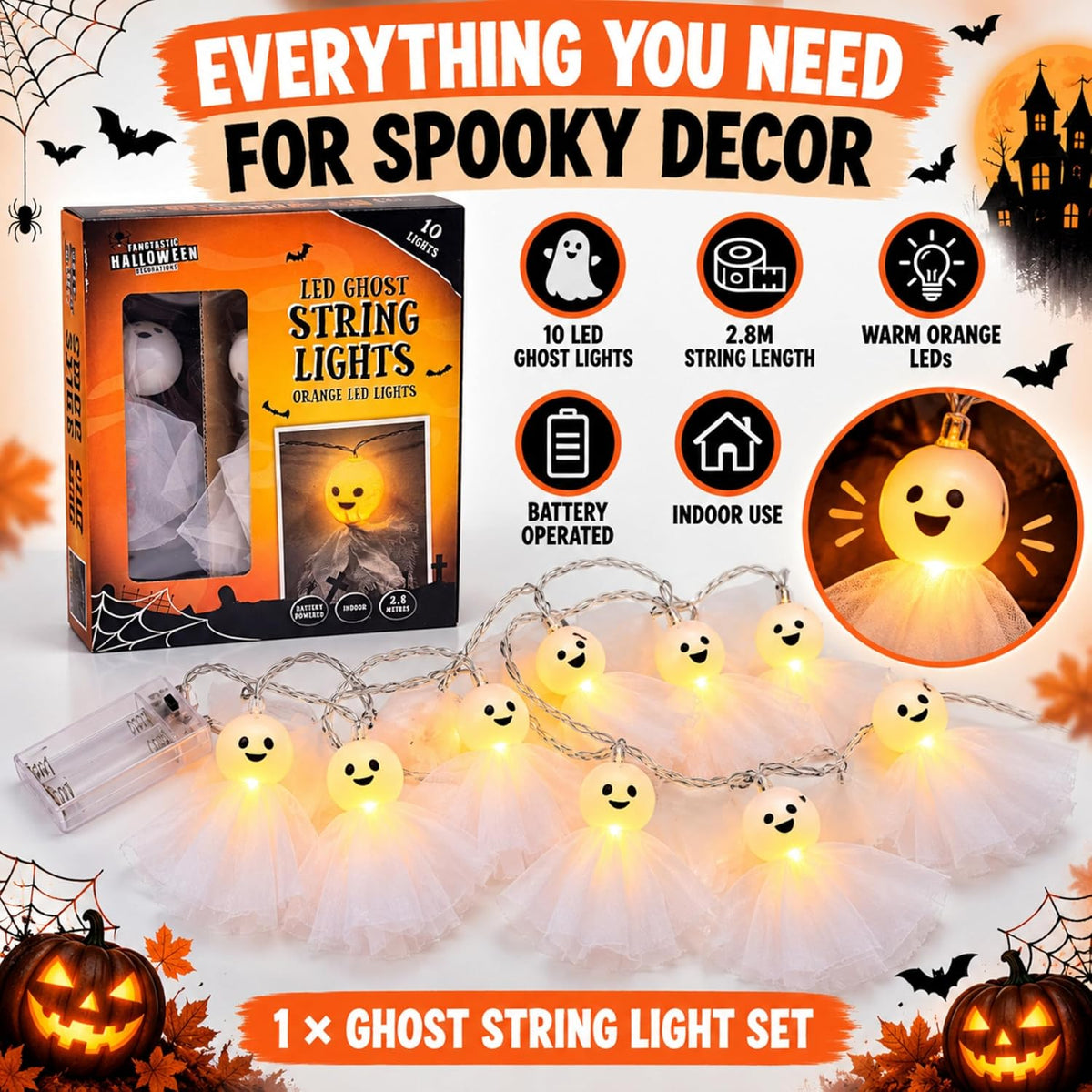 Halloween Spooky Ghost String Lights 2.8m - 10 LEDs