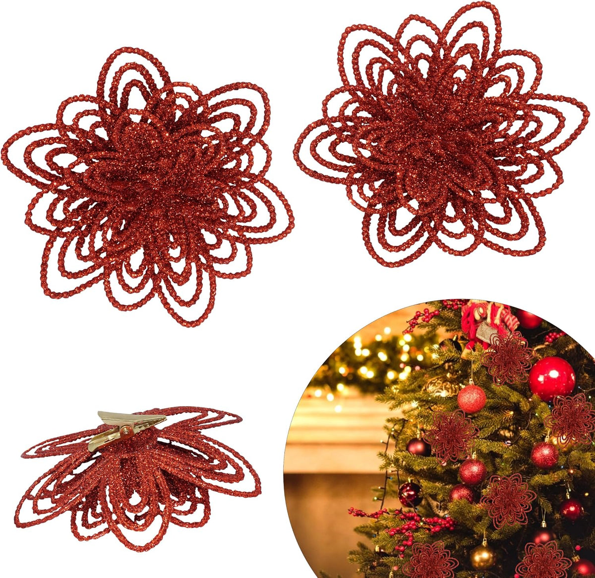 2Pcs Red Christmas Flower Clip Ornaments - 10cm