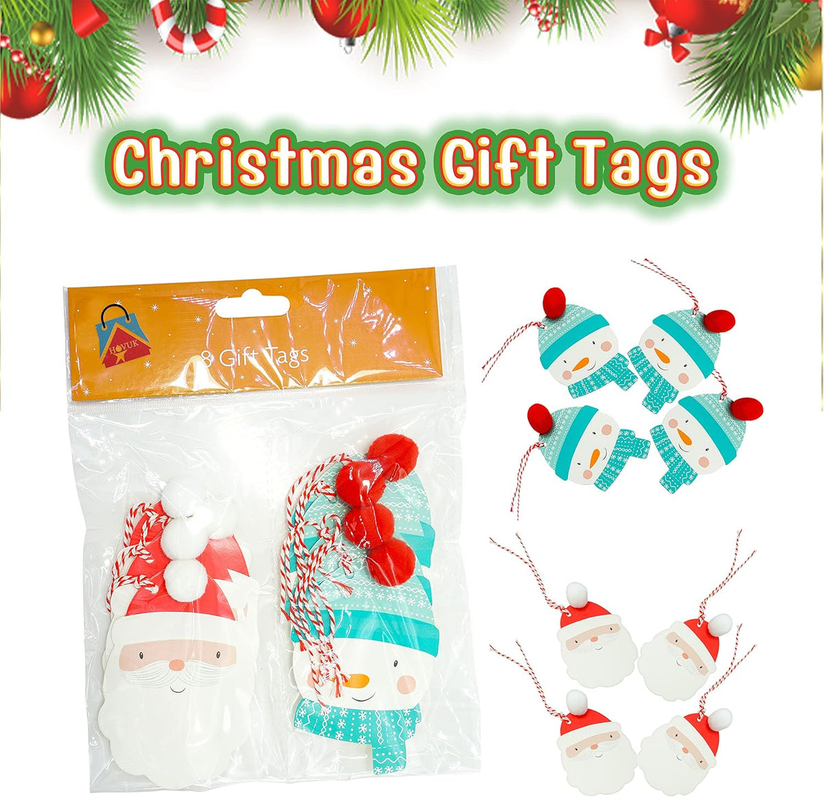 8Pcs Pom Pom Christmas Gift Tags with Strings