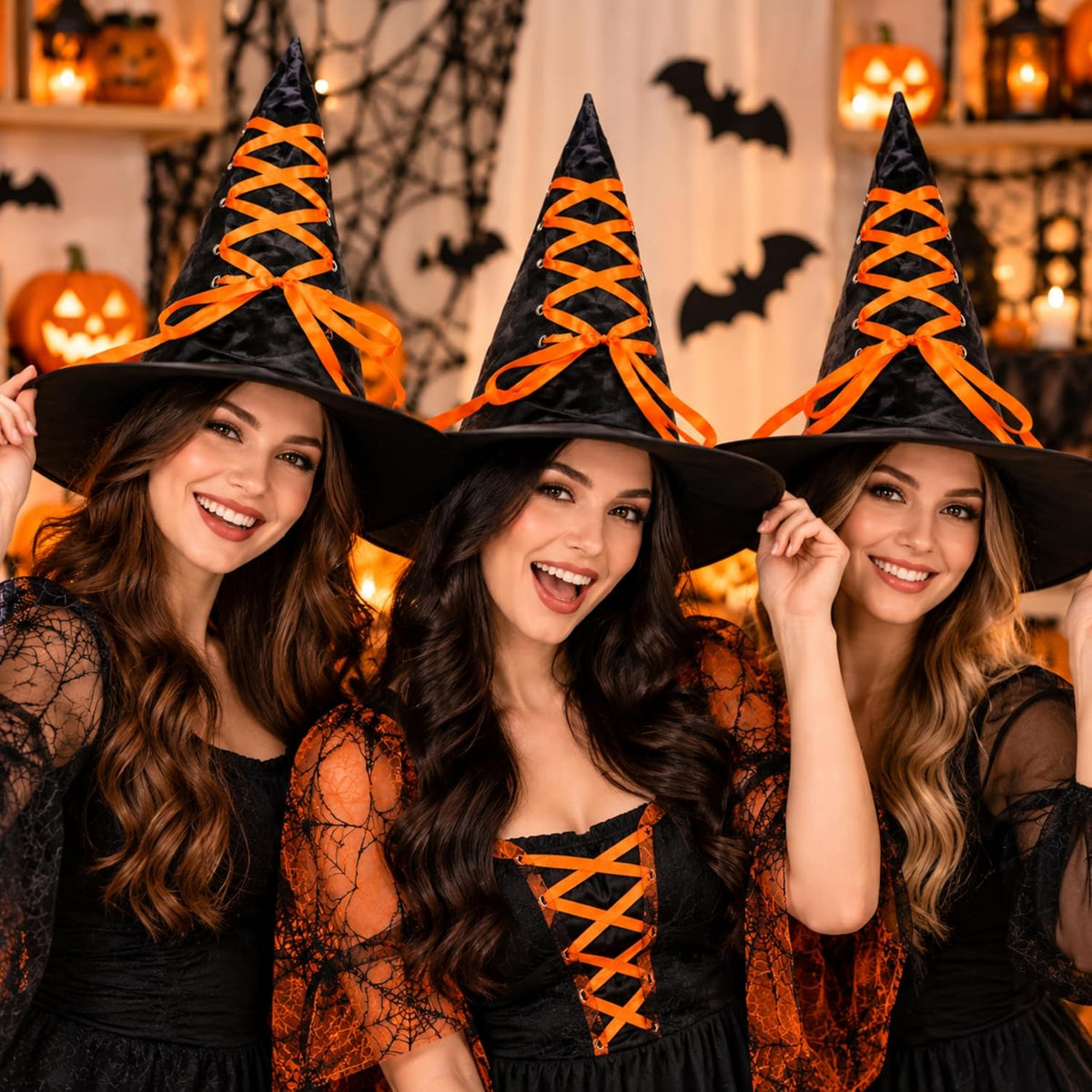 Black Halloween Witch Hat with Colourful Ribbon 40cm Tall