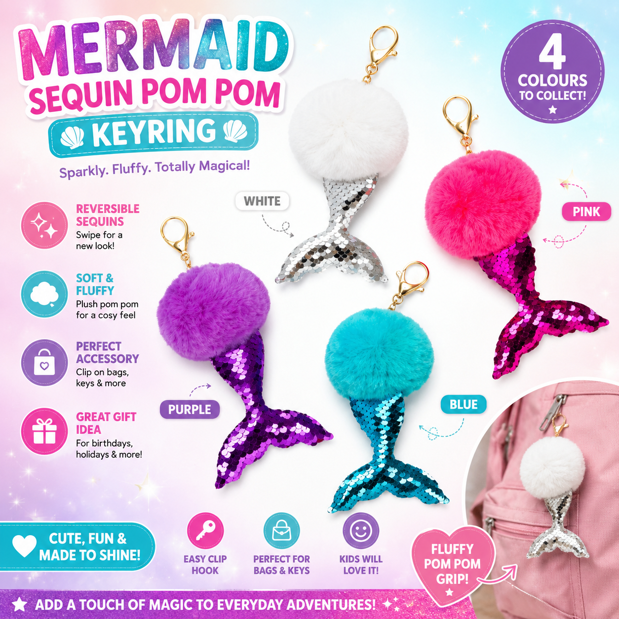 1x Random Mermaid Sequin Pom Pom Keyring