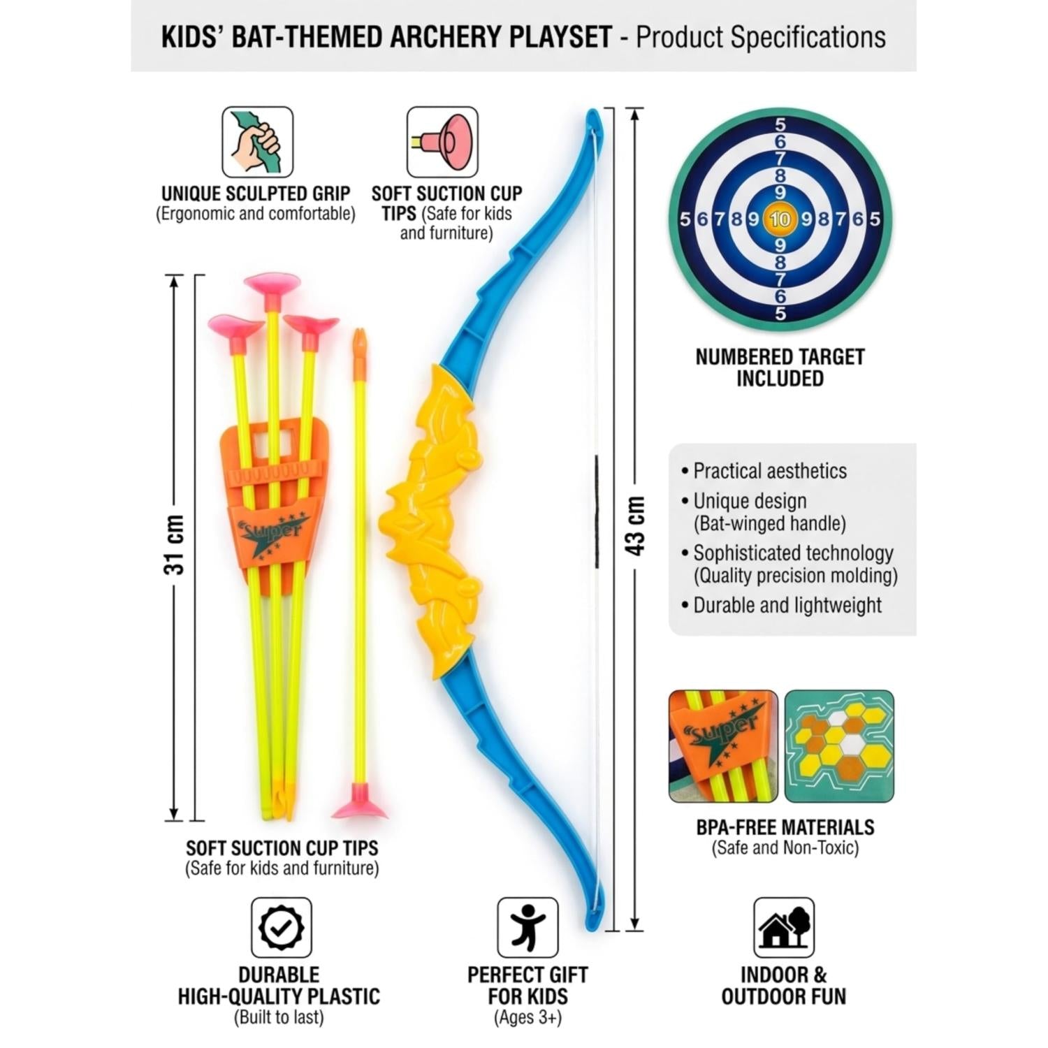 43cm Kids Archery Set with Bow, Arrow, Suction Arrows & Target – Assorted