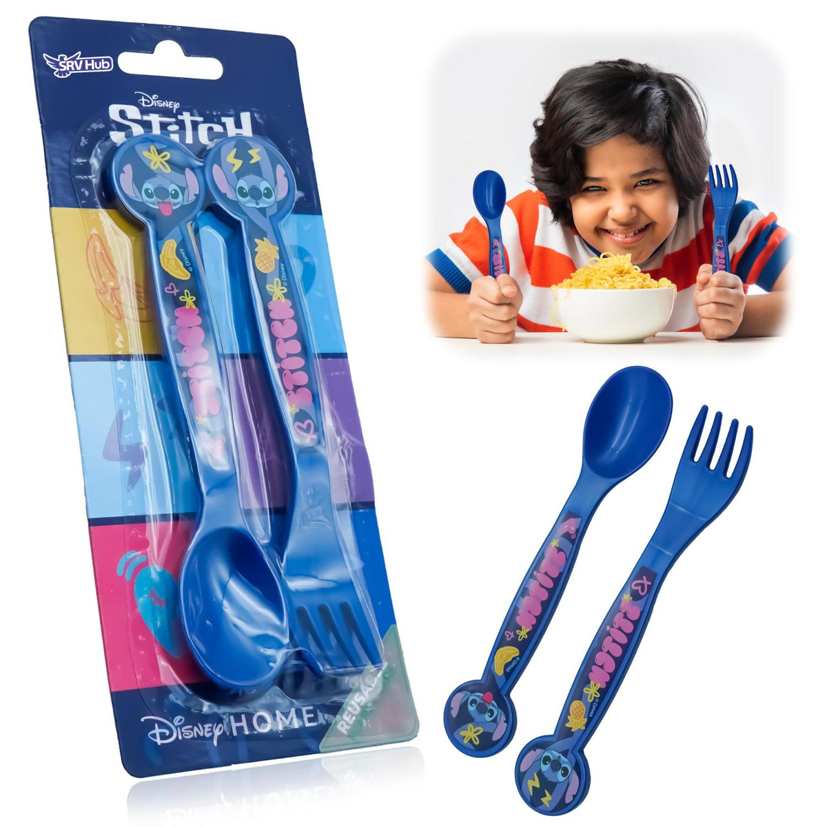 Disney Stitch Kids Licensed 2 Piece Cutlery Set BPA-Free Plastic Spoon & Fork