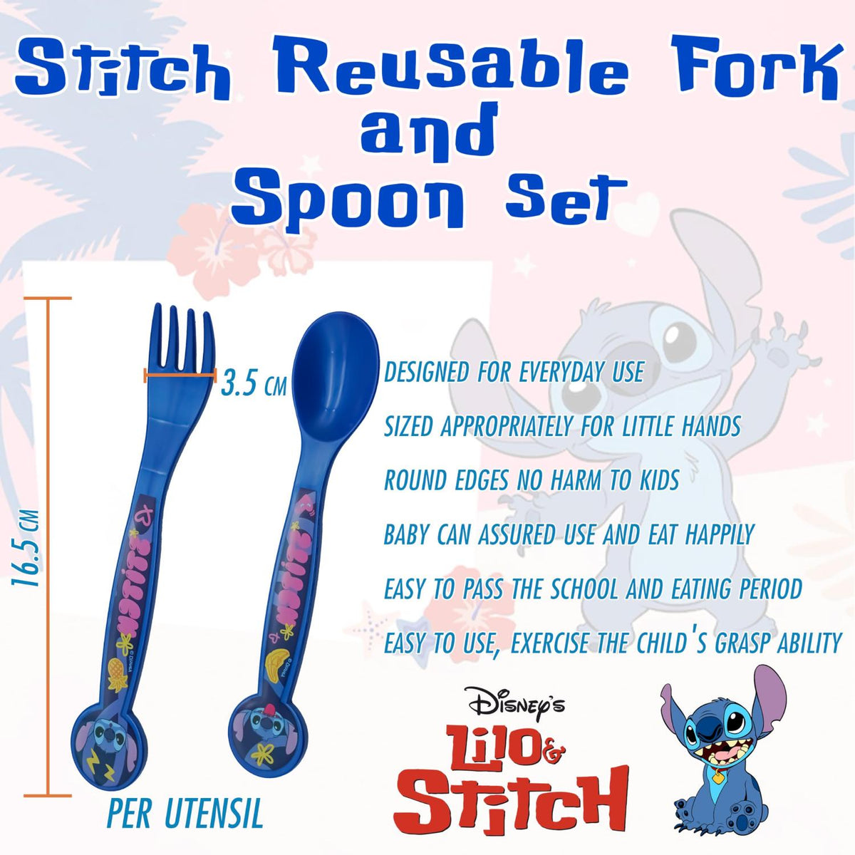 Disney Stitch Kids Licensed 2 Piece Cutlery Set BPA-Free Plastic Spoon & Fork – view 2