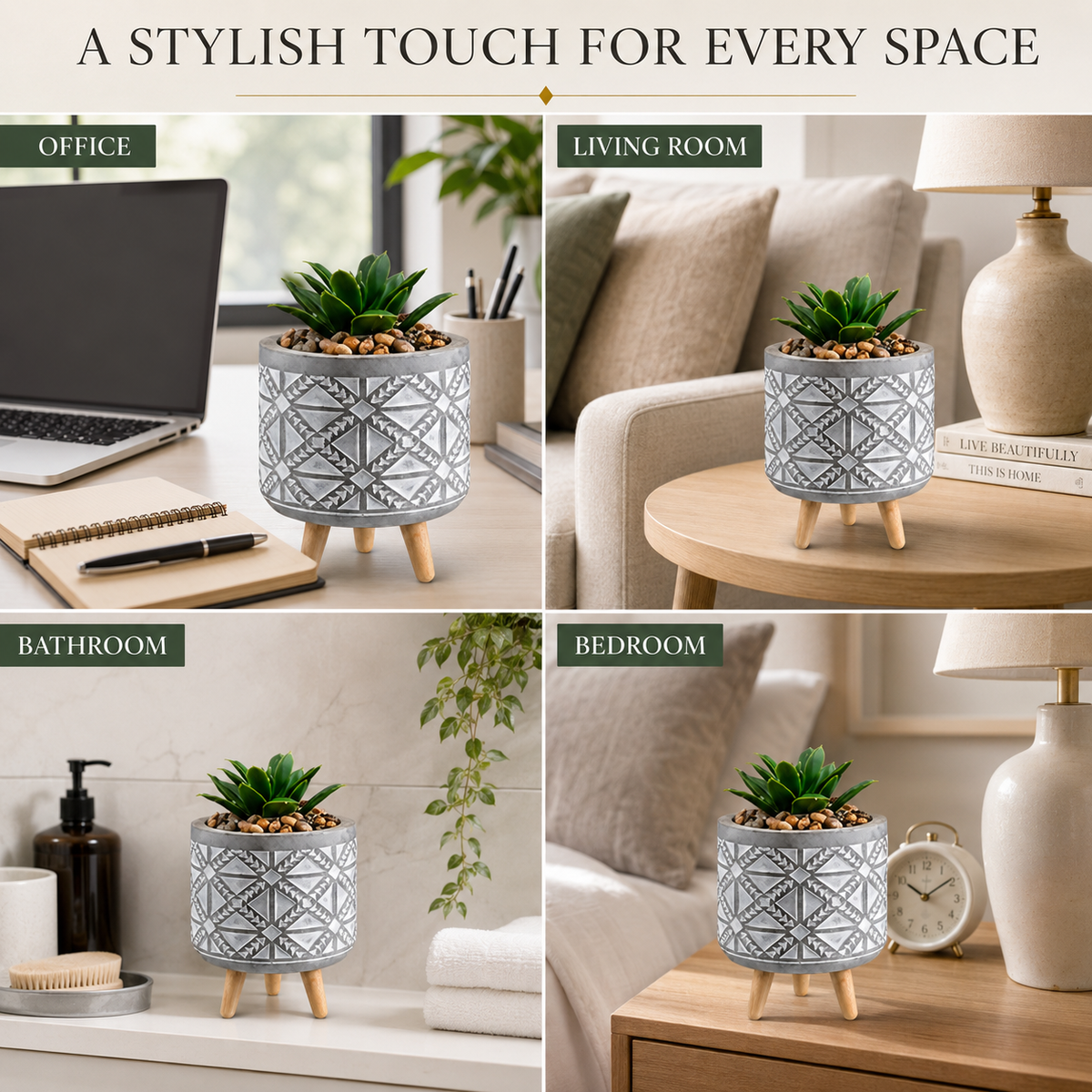 14cm Succulent Flower Pot with Legs - Grey Concentric Diamond Pattern – view 7