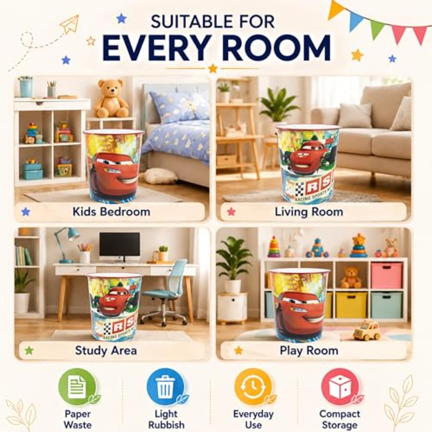 Kids 7L Plastic Dustbin Round Open Top Waste Paper Bin 22cm