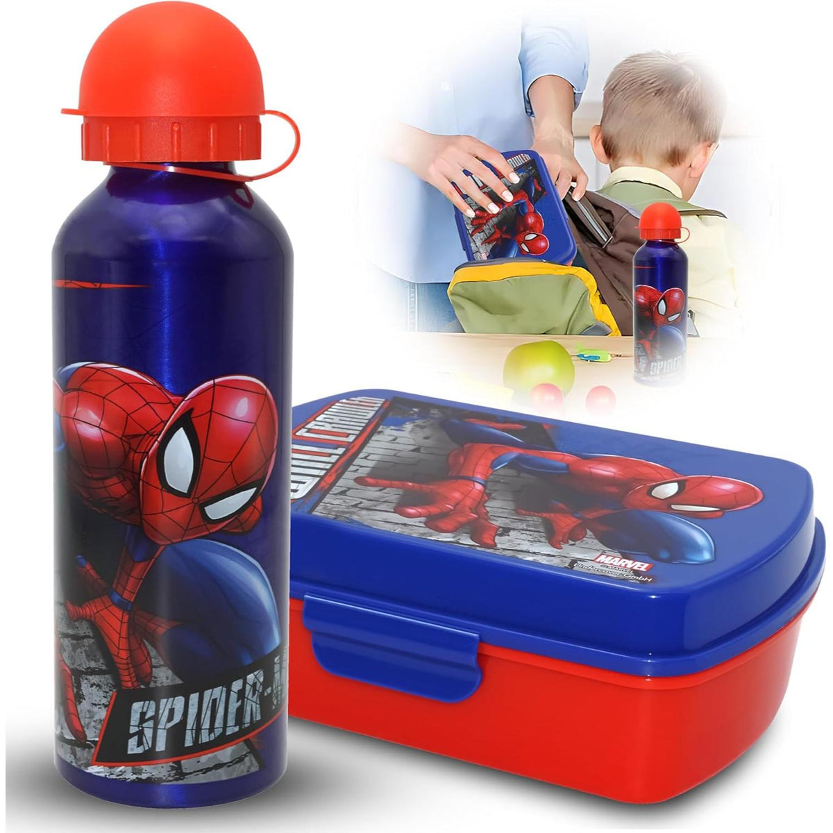 Spider-Man Kids Licensed Plastic Lunchbox with Aluminium Water Bottle Set