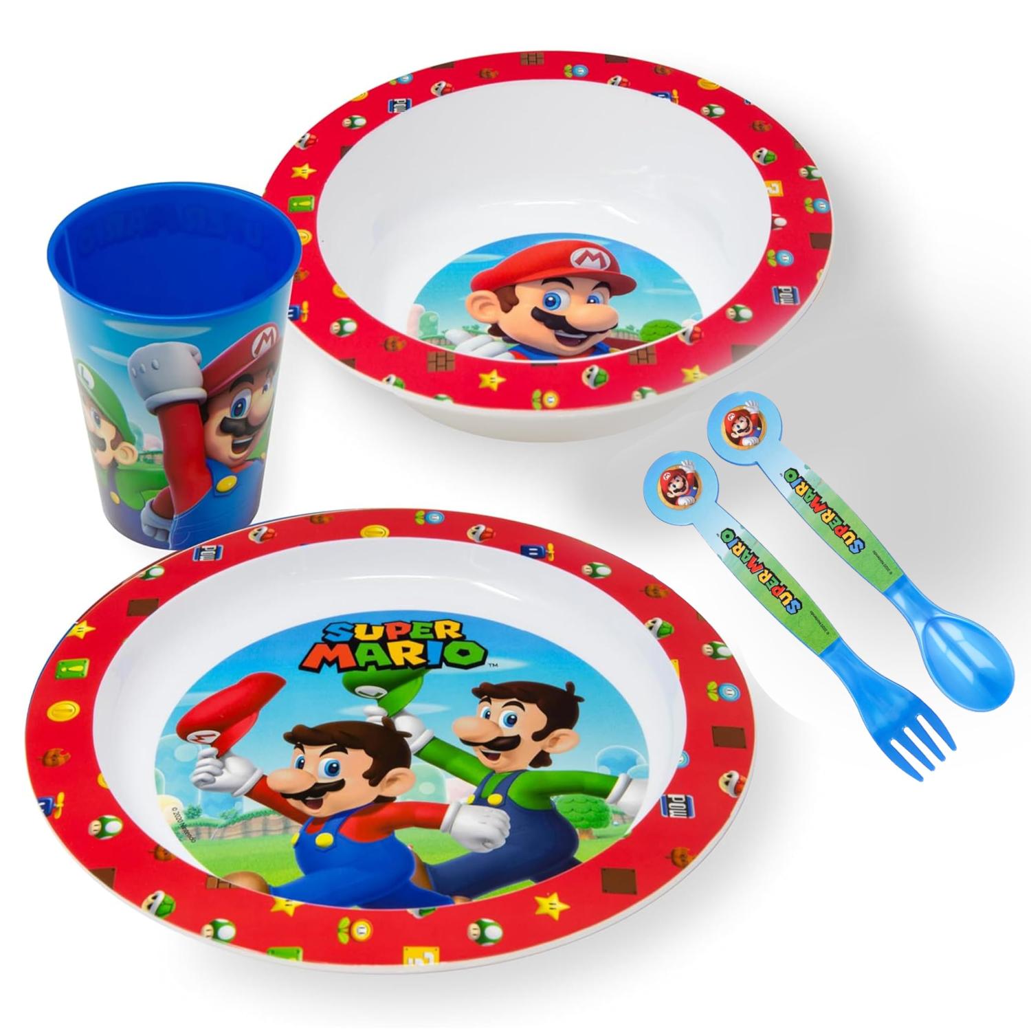 5 Piece Kids Dinnerware Set BPA-Free Plastic Plate Bowl Cup Fork & Spoon