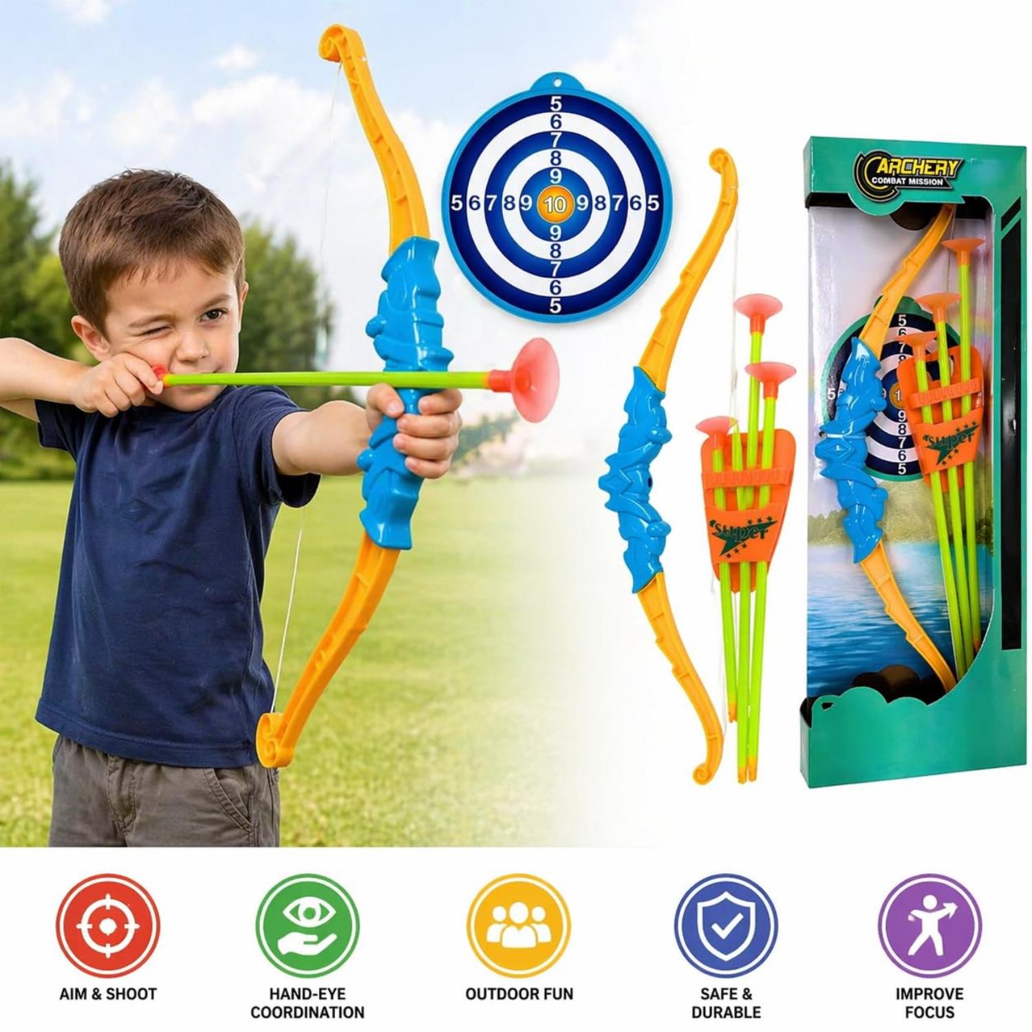 43cm Kids Archery Set with Bow, Arrow, Suction Arrows & Target – Assorted