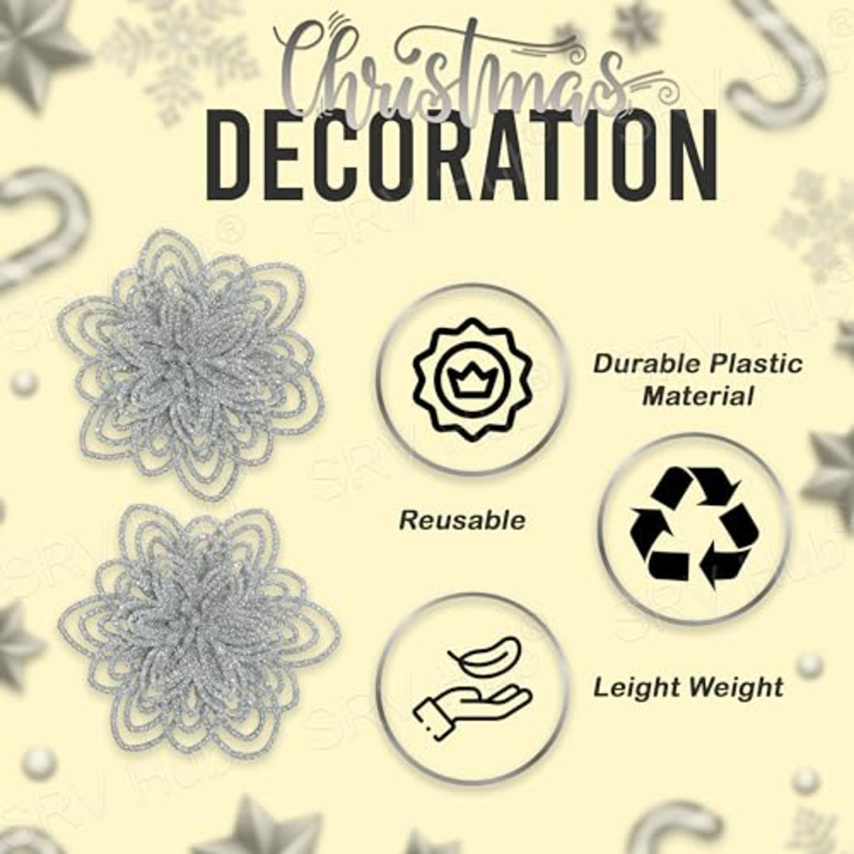 2Pcs Silver Christmas Flower Clip Ornaments - 10cm