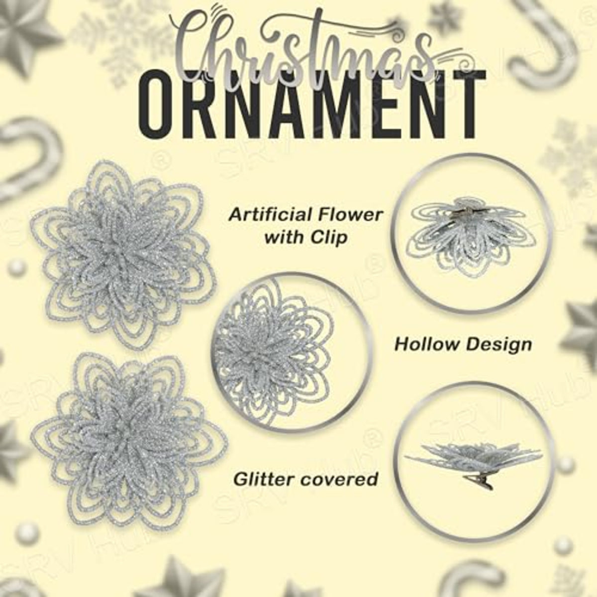 2Pcs Silver Christmas Flower Clip Ornaments - 10cm