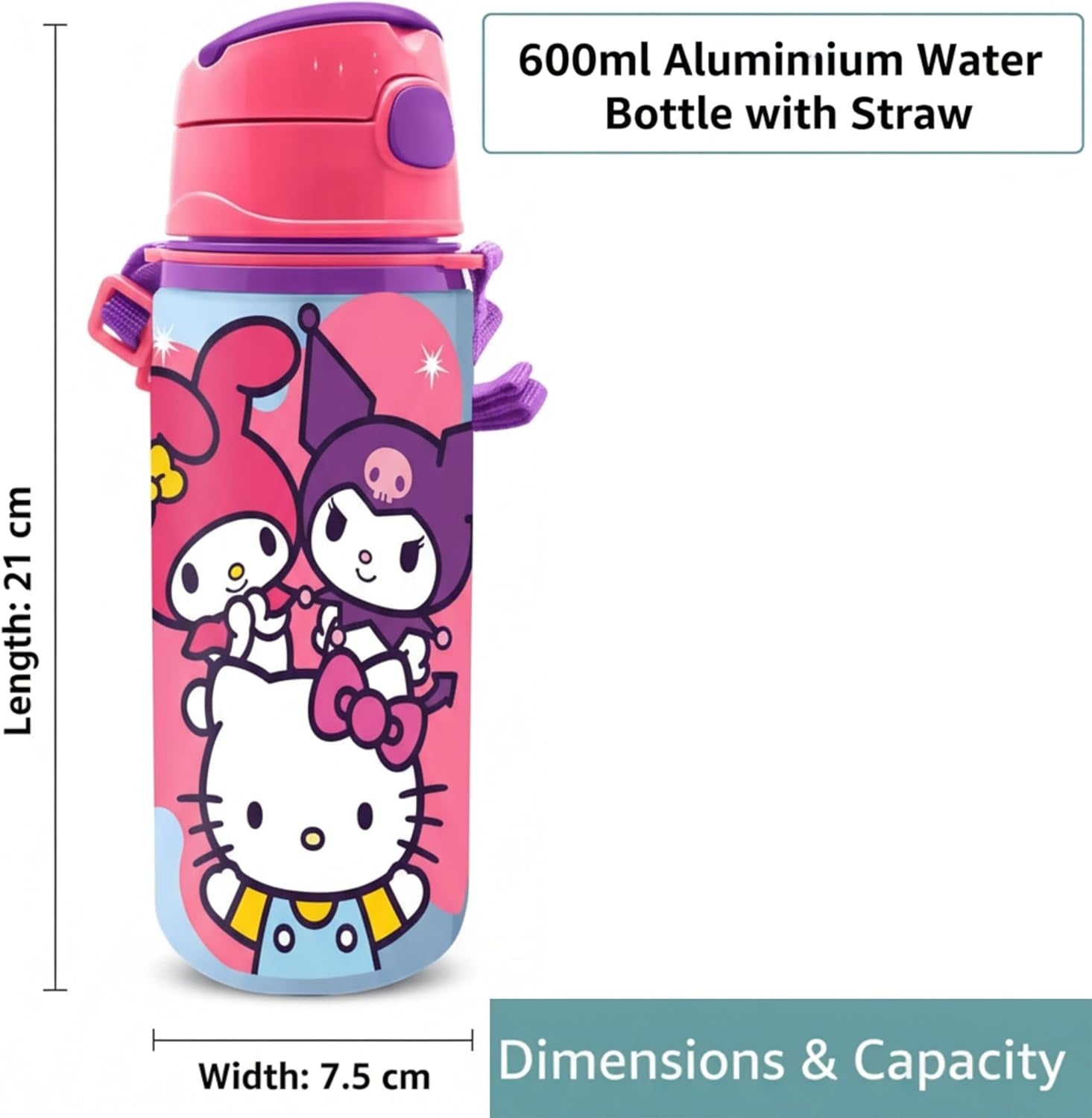 Aluminium Water Bottle with Straw & Strap 600ml - Assorted