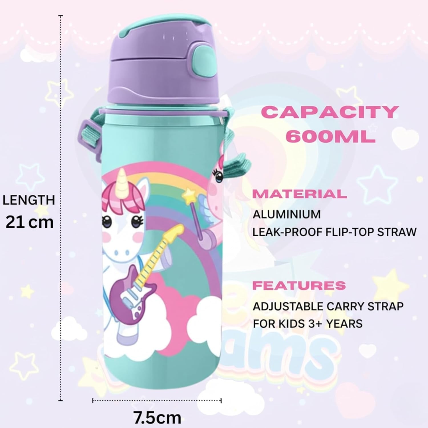 Aluminium Water Bottle with Straw & Strap 600ml - Assorted
