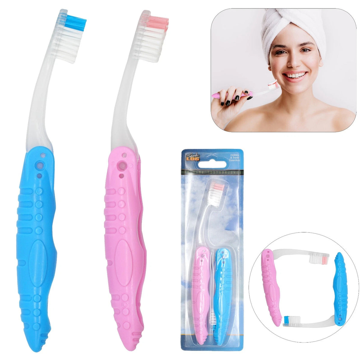 Pack of 2 compact folding toothbrushes