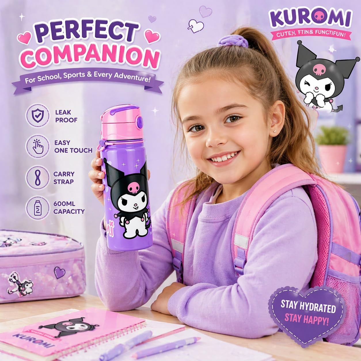 Aluminium Water Bottle with Straw & Strap 600ml - Assorted