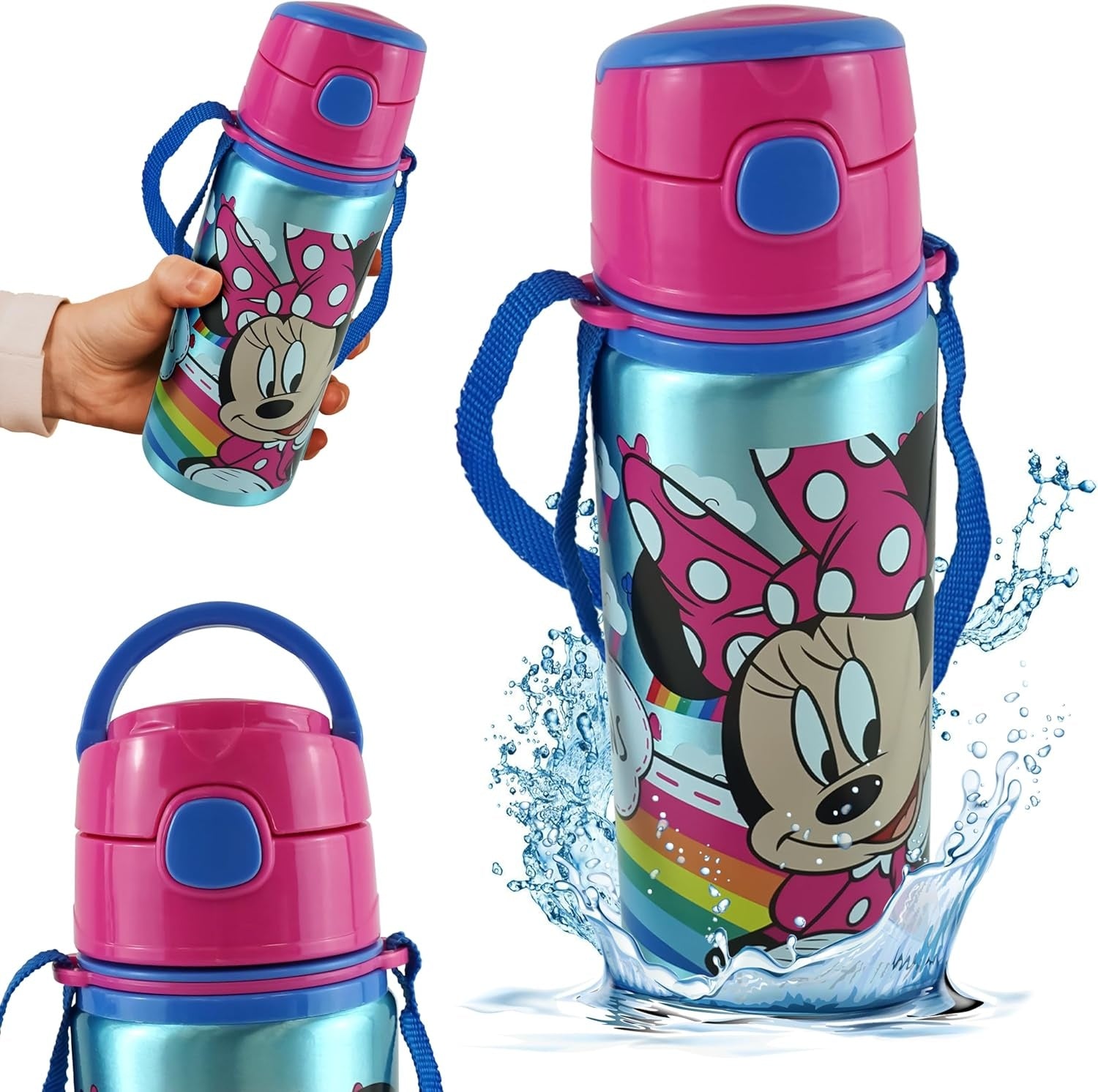 Aluminium Water Bottle with Straw & Strap 600ml - Assorted