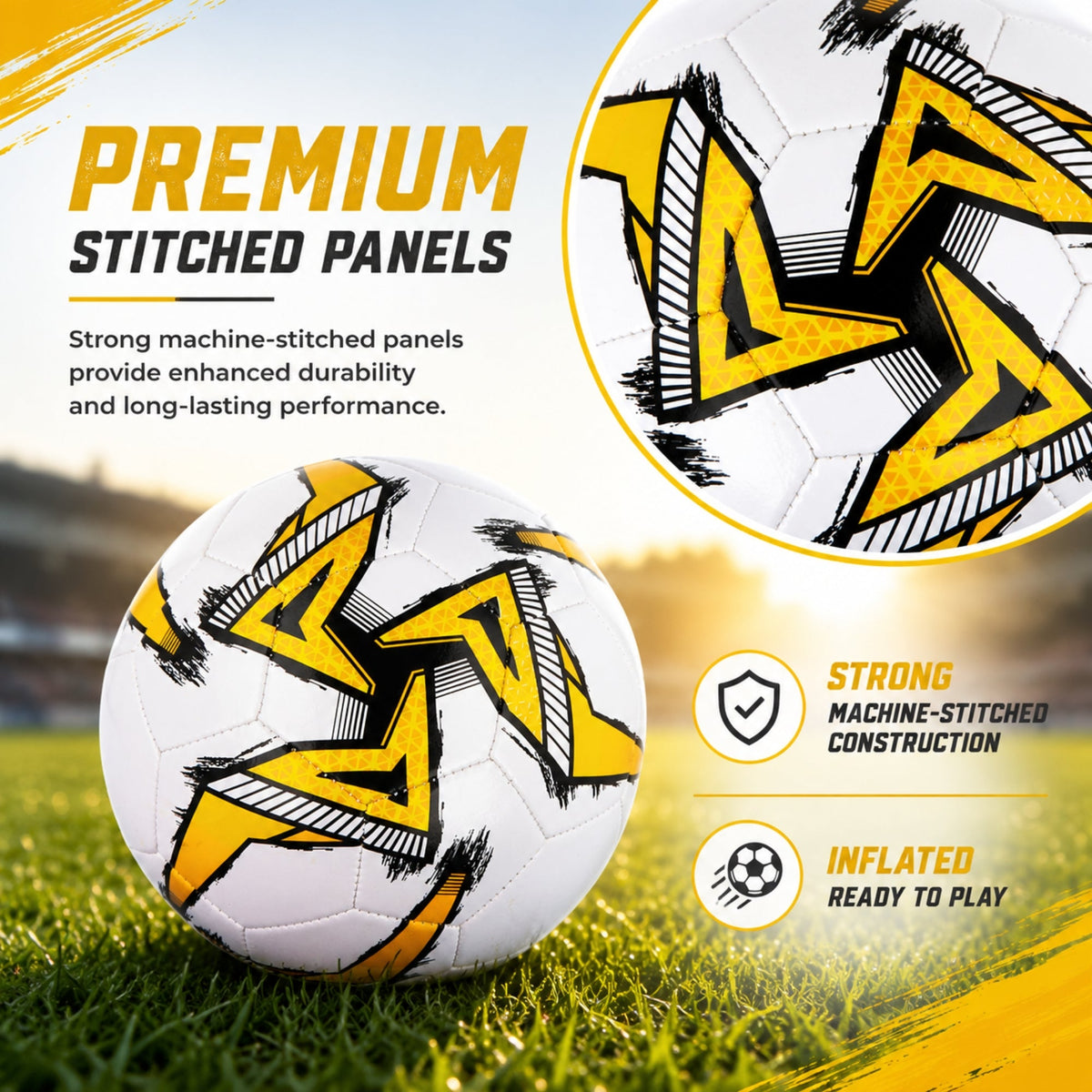 32-Panel Football Size 5 – Deflated Training & Match Ball - White Base -Yellow