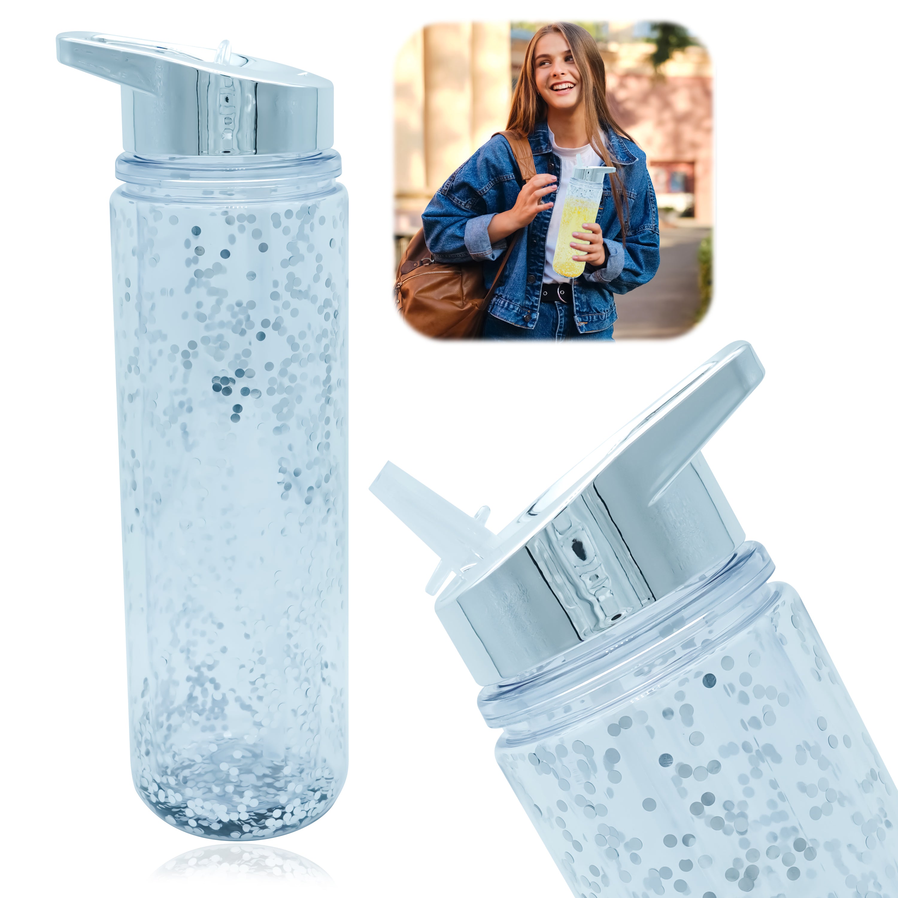 Flip Up Straw Glitter Water Bottle 500ml