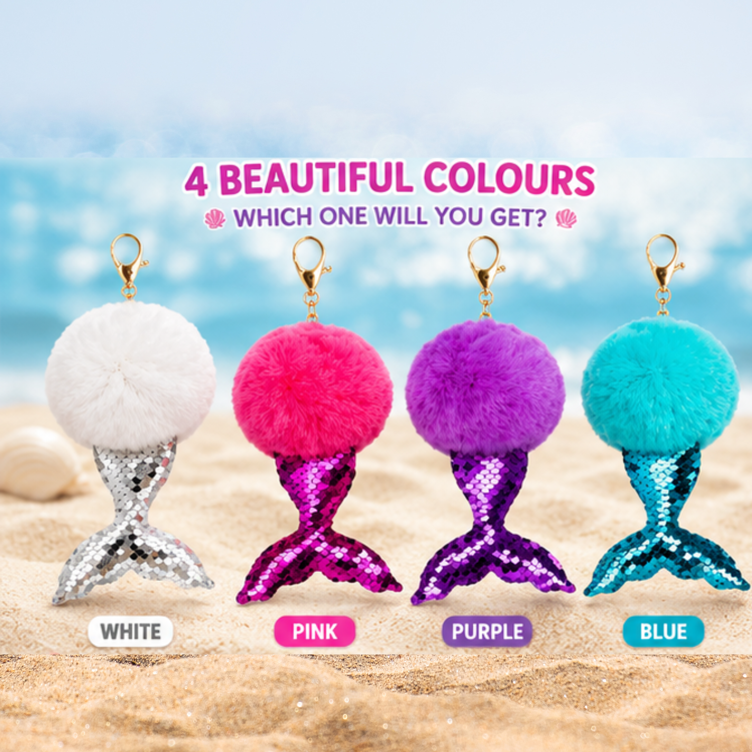 1x Random Mermaid Sequin Pom Pom Keyring