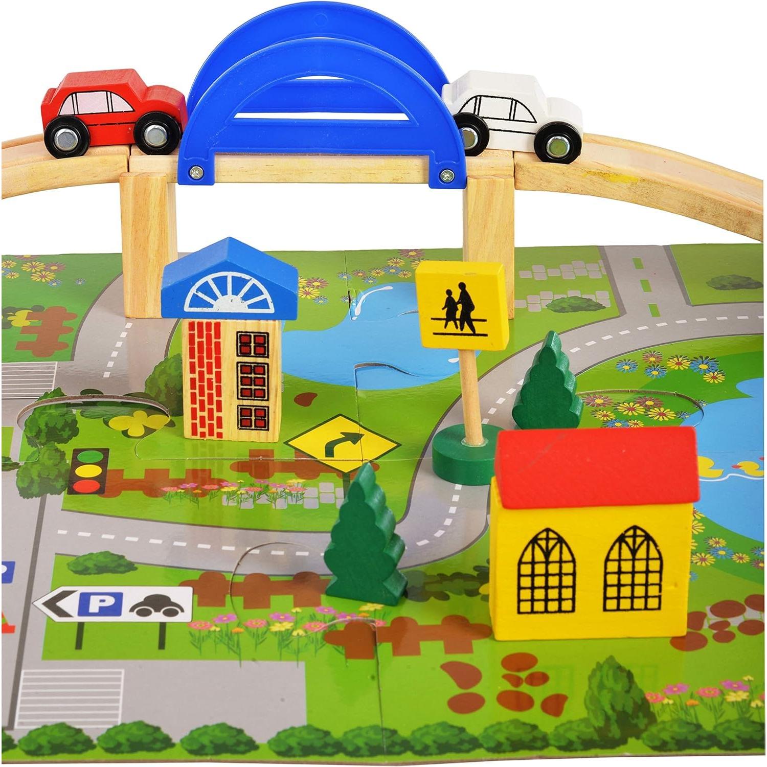40Pcs Wooden Train Track Set with Bridge & Cars