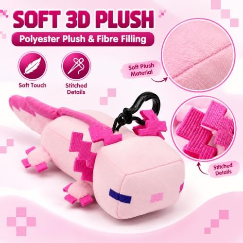 3D Minecraft Axolotl Pink Plush Clip On Keyring