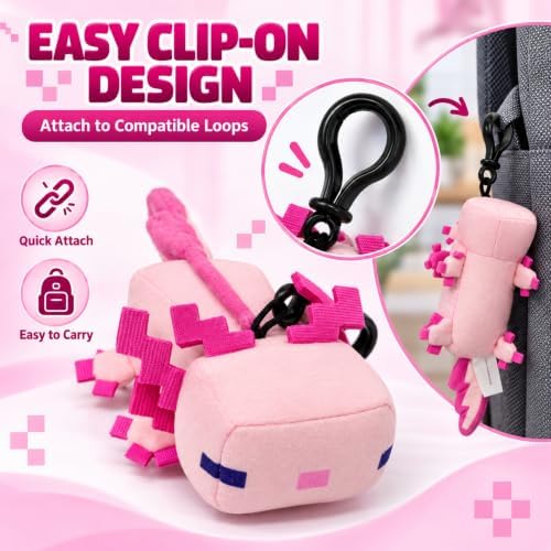 3D Minecraft Axolotl Pink Plush Clip On Keyring