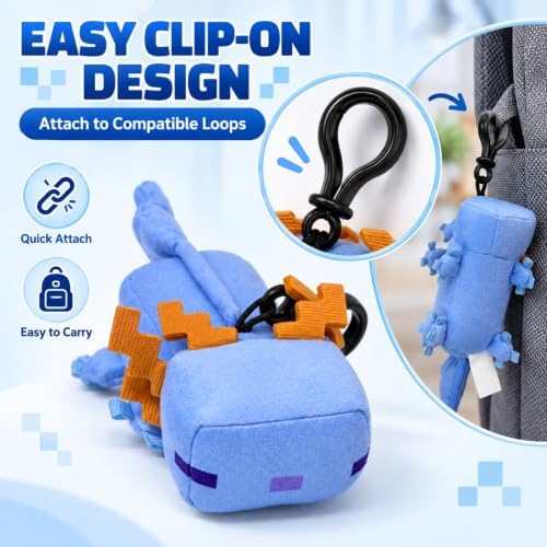 3D Minecraft Axolotl Blue Plush Clip On Keyring