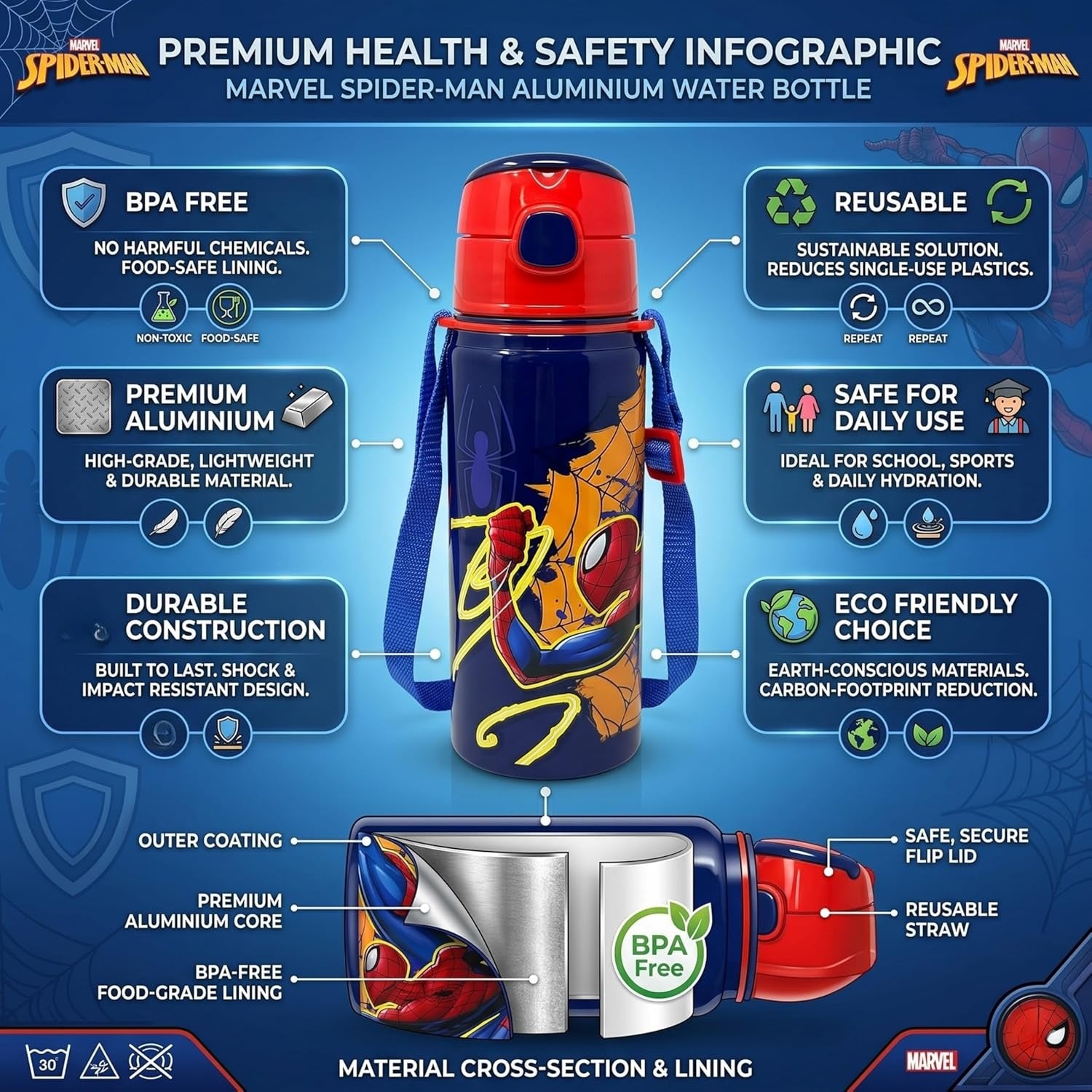 Aluminium Water Bottle with Straw & Strap 600ml - Assorted