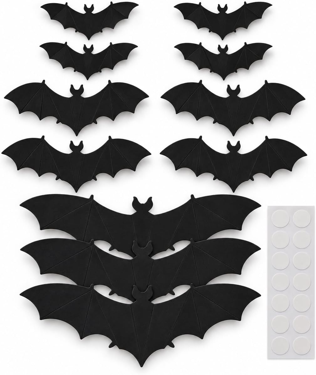 3D Halloween 12x Bat Wall Decorations with Adhesive