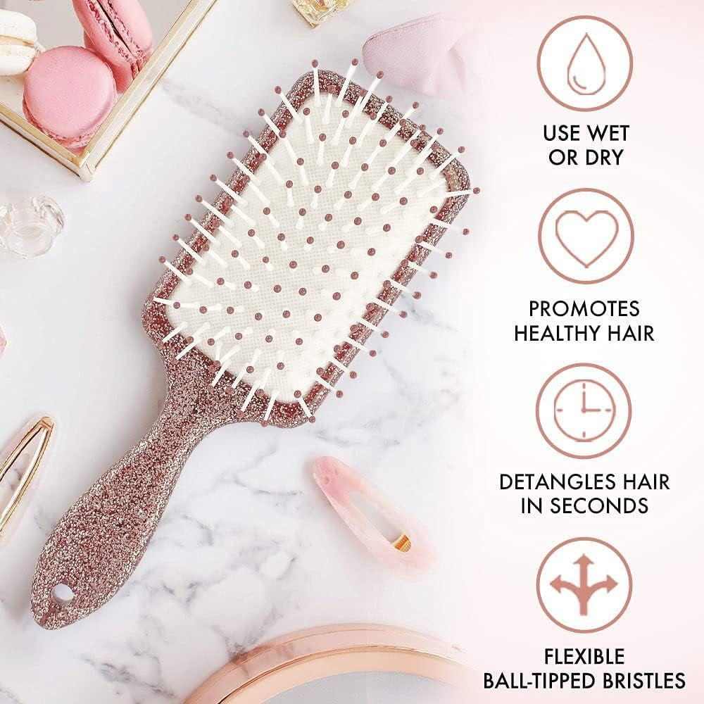 Girls Paddle Rose Gold Hearts Glitter HairBrush