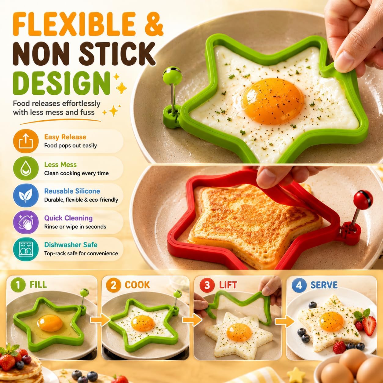 12x Star Silicone Egg Mould Rings with Handle