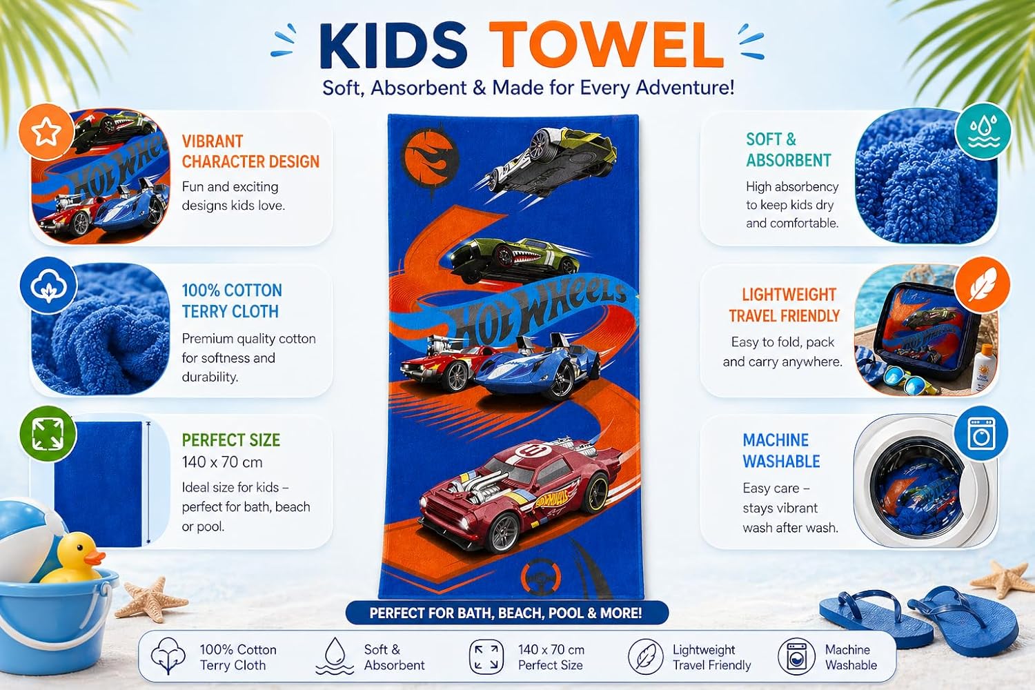 Kids Cotton Towel 140 x 70cm Assorted Characters