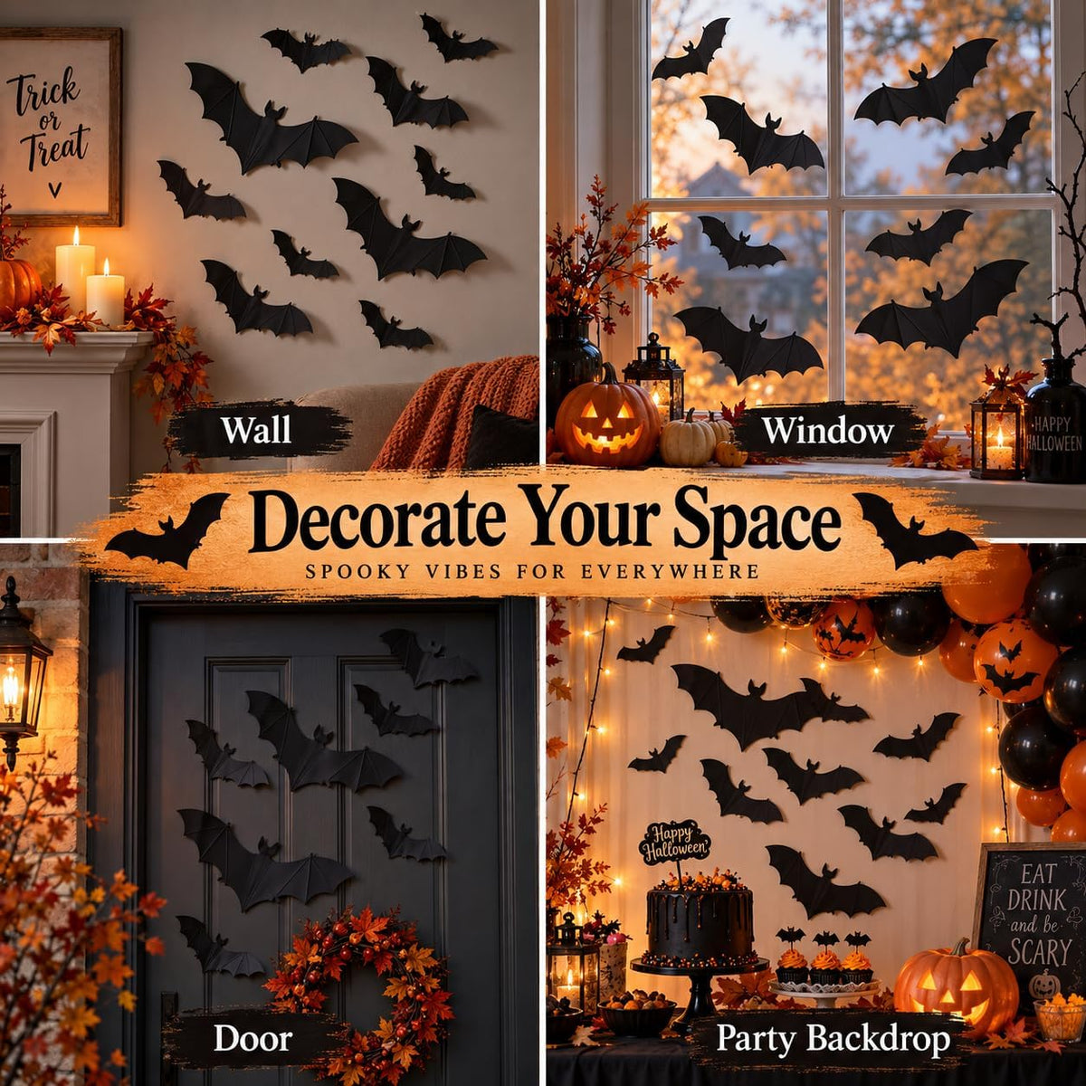 3D Halloween 12x Bat Wall Decorations with Adhesive