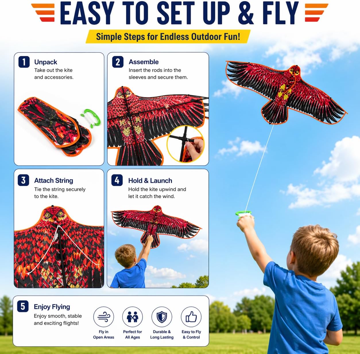 1.2m x 60cm Flying Eagle Kite with 30m String 1x Random