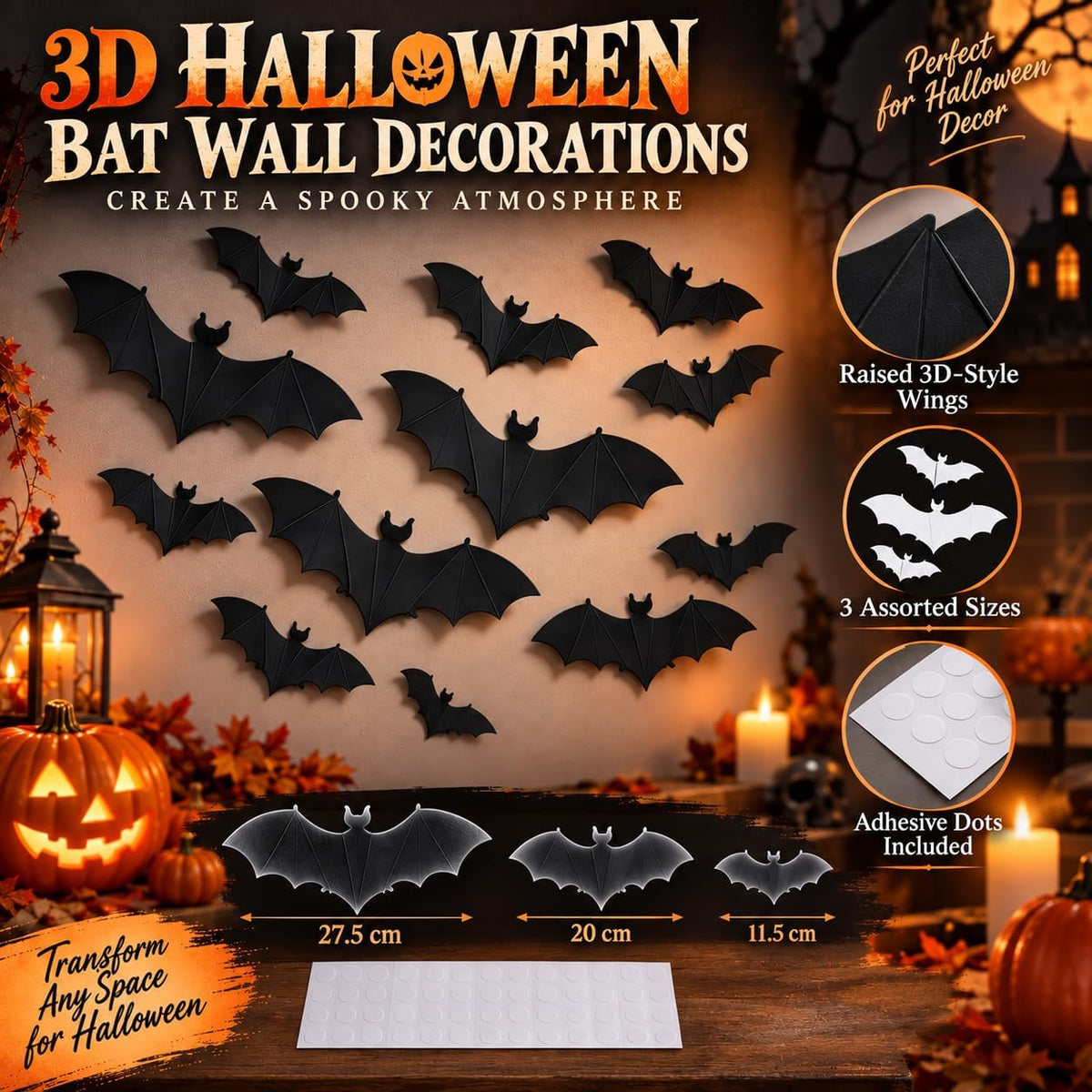 3D Halloween 12x Bat Wall Decorations with Adhesive