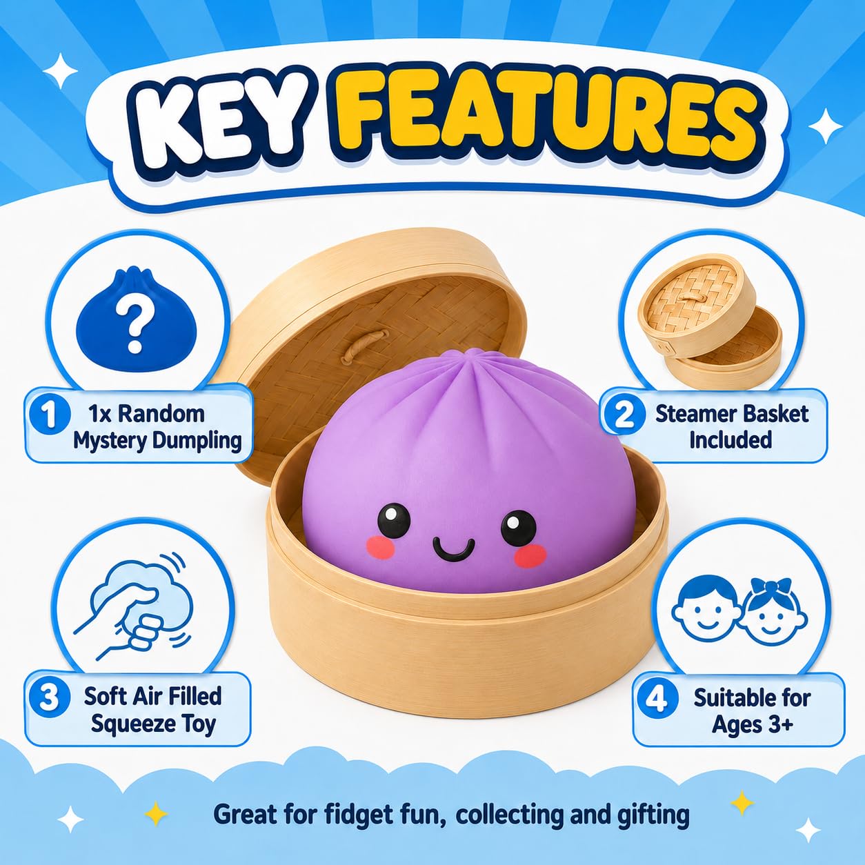1x Random Colourful Dumpling Squishy Toy, 8.5cm